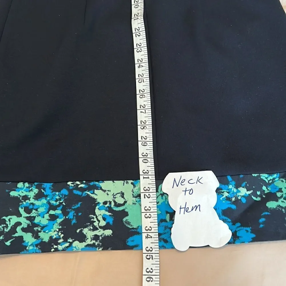 T Tahari navy blue sheath w/print band green & blue zipper & green lining - Picture 5 of 15